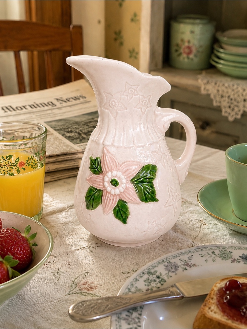 Vintage Hull Art Pottery Star Flower Pink Ewer Pitcher Vase USA